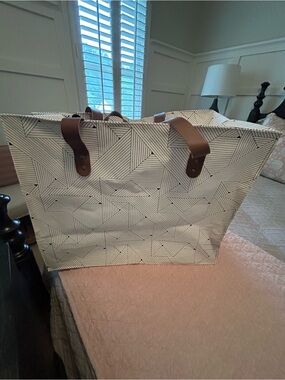 Patterned Canvas Tote with Brown Leather Handles